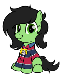 Size: 2923x3620 | Tagged: safe, artist:trash anon, derpibooru import, oc, oc only, oc:anon filly, earth pony, pony, chris chan, clothes, drawthread, earth pony oc, female, filly, foal, medallion, polo shirt, simple background, sitting, smiling, solo, sonichu, white background