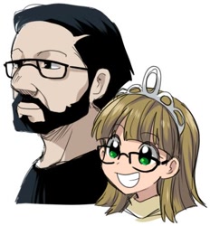 Size: 420x452 | Tagged: safe, artist:re_ghotion, derpibooru import, nightjar, zippoorwhill, human, beard, bust, facial hair, father and child, father and daughter, female, glasses, grin, humanized, jewelry, male, parent and child, portrait, simple background, smiling, tiara, white background