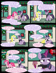 Size: 1042x1358 | Tagged: safe, artist:dendoctor, derpibooru import, mean twilight sparkle, pinkie pie, surprise, twilight sparkle, twilight sparkle (alicorn), alicorn, earth pony, pony, comic:clone.., alternate universe, christmas, christmas lights, clone, clothes, comic, female, glowing, glowing horn, hearth's warming eve, holiday, horn, jewelry, magic, pendant, pinkie clone, scarf, sign, snow, soda, telekinesis, wreath