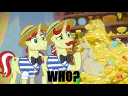 Size: 320x240 | Tagged: safe, derpibooru import, edit, edited screencap, screencap, flam, flim, earth pony, pony, friendship university, season 8, spoiler:s08, animated, brothers, confused, duo, duo male, flim flam brothers, gif, gold, identical twins, male, money, office, school, siblings, stallion, twin brothers, twins