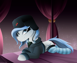 Size: 2841x2314 | Tagged: safe, artist:andaluce, derpibooru import, oc, oc only, oc:haze northfleet, pegasus, pony, bed, clothes, cute, female, hat, high res, hoodie, lineless, looking at you, lying down, mare, ocbetes, prone, signature, simple background, smiling, smiling at you, socks, solo, striped socks, ushanka