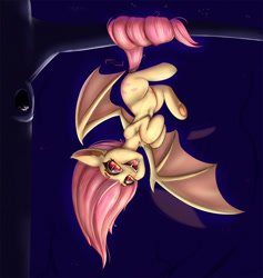 Size: 1200x1265 | Tagged: safe, artist:inkypuso, derpibooru import, fluttershy, bat pony, pony, cute, female, flutterbat, hanging, hanging upside down, looking at you, mare, open mouth, open smile, race swap, shyabates, shyabetes, smiling, smiling at you, solo, tree, tree branch, upside down