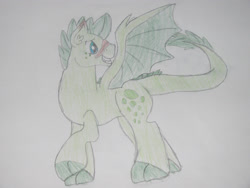 Size: 2828x2121 | Tagged: safe, artist:littlelifedoodles, derpibooru import, oc, oc only, oc:turquoise blitz, dracony, hybrid, grin, interspecies offspring, male, offspring, parent:rarity, parent:spike, parents:sparity, smiling, solo, traditional art