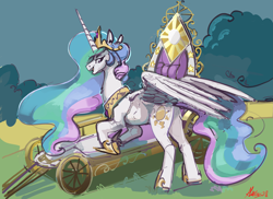 Size: 5499x3994 | Tagged: safe, artist:alumx, derpibooru import, princess celestia, alicorn, pony, bush, butt, carriage, chariot, female, grass, high res, jewelry, mare, plot, regalia, solo, sunbutt