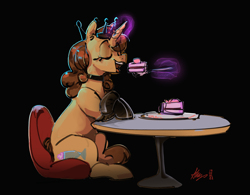 Size: 3278x2559 | Tagged: safe, artist:alumx, derpibooru import, oc, oc only, oc:buttercup shake, pony, unicorn, black background, cake, crown, eating, female, food, jewelry, levitation, magic, mare, open mouth, regalia, simple background, solo, telekinesis