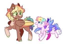 Size: 2914x2048 | Tagged: safe, artist:moccabliss, derpibooru import, oc, oc only, oc:autumn breeze, oc:sunshine melody, pegasus, pony, female, filly, foal, magical lesbian spawn, mare, offspring, parent:applejack, parent:rainbow dash, parents:appledash, simple background, white background