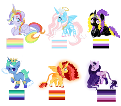 Size: 1280x1120 | Tagged: safe, artist:adopdee, artist:vernorexia, derpibooru import, oc, oc only, alicorn, classical unicorn, pony, unicorn, adoptable, adoptable open, body markings, braid, chibi, cloven hooves, coat markings, colored hooves, crown, crystal, curly hair, ethereal mane, female, for sale, freckles, galaxy, galaxy mane, gay pride flag, halo, jewelry, leonine tail, lesbian pride flag, male, necklace, nonbinary, nonbinary pride flag, open adoptables, pride, pride flag, prince, princess, regalia, socks (coat marking), spirit, spread wings, tail, tiara, transgender, transgender pride flag, unshorn fetlocks, water mane, wings