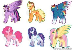 Size: 1551x1054 | Tagged: safe, artist:modharvest, derpibooru import, applejack, fluttershy, pinkie pie, rainbow dash, rarity, twilight sparkle, twilight sparkle (alicorn), alicorn, earth pony, pegasus, pony, unicorn, alternate design, female, mane six, mare, simple background, white background