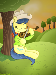 Size: 3016x4032 | Tagged: safe, artist:rainbowšpekgs, derpibooru import, fiddlesticks, earth pony, pony, apple family member, clothes, evening, eyes closed, female, fiddle, grass, hat, hill, mare, musical instrument, scarf, scenery, show accurate, sitting, smiling, solo, sunset, tail, tree, violin