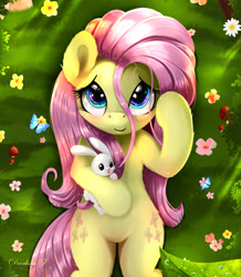 Size: 1772x2029 | Tagged: safe, artist:darksly, derpibooru import, angel bunny, fluttershy, butterfly, pegasus, pony, rabbit, animal, bedroom eyes, blushing, body pillow, body pillow design, cute, female, flower, grass, looking at you, male, mare, shyabetes, solo