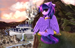 Size: 4096x2640 | Tagged: safe, artist:empress-twilight, derpibooru import, twilight sparkle, twilight sparkle (alicorn), alicorn, pony, artist alias needed, canterlot, canterlot castle, female, grass, looking at you, looking back, looking back at you, looking over shoulder, mare, rear view, scenery, sitting, smiling, smiling at you, solo