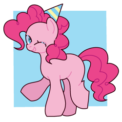 Size: 1280x1280 | Tagged: safe, artist:artsykiddoyt, derpibooru import, pinkie pie, earth pony, pony, hat, missing cutie mark, one eye closed, party hat, solo