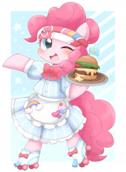 Size: 1556x2128 | Tagged: safe, artist:ginmaruxx, artist:kuzuyukuro, derpibooru import, pinkie pie, earth pony, pony, bipedal, blushing, bow, burger, cheeseburger, clothes, cute, diapinkes, dress, female, food, hamburger, headband, heart, looking at you, mare, one eye closed, open mouth, open smile, plate, roller skates, simple background, smiling, smiling at you, solo, stars, waitress, white background, wink, winking at you