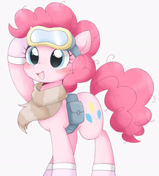 Size: 1863x2052 | Tagged: safe, artist:ginmaruxx, artist:kuzuyukuro, derpibooru import, pinkie pie, earth pony, pony, bag, blushing, clothes, cute, diapinkes, dusk till dawn, female, goggles, mare, open mouth, open smile, raised hoof, raised leg, scarf, simple background, smiling, solo, white background