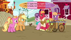 Size: 1280x720 | Tagged: safe, derpibooru import, edit, edited screencap, screencap, applejack, big macintosh, little mac, luster dawn, sugar belle, dog, pinkie apple pie, the last problem, apple, apple cart, applejack's hat, apples to the core, clothes, cowboy hat, cute, food, granny smith's shawl, hat, heartwarming, jackabetes, lyrics, macabetes, older, older applejack, older big macintosh, older sugar belle, scarf, shirt, singing, song reference, speech bubble, sugarbetes, sweet apple acres, text, waistcoat