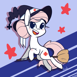 Size: 1280x1280 | Tagged: safe, artist:lilliesinthegarden, derpibooru import, nurse redheart, earth pony, pony, broom, cute, eyelashes, female, flying, flying broomstick, hat, heartabetes, nurse hat, open mouth, open smile, smiling, solo, stars, tail, witch hat