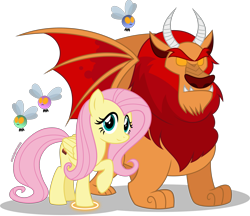 Size: 2945x2549 | Tagged: safe, artist:stellardusk, derpibooru import, fluttershy, manticore, parasprite, pegasus, pony, beast keeping coven, glowing, glowing eyes, looking at you, mind control, simple background, the owl house, transparent background