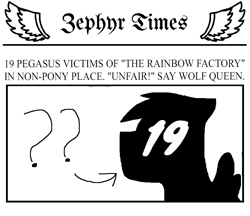 Size: 834x720 | Tagged: safe, artist:wonderwolf51, derpibooru import, edit, edited screencap, editor:wonderwolf51, screencap, pegasus, 19, blackletter, implied the rainbow factory, implied wonderwolfia, news report, newspaper