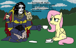 Size: 984x624 | Tagged: safe, artist:pantsuholocaust, derpibooru import, fluttershy, pegasus, pony, cup, konrad curze, night lords, tea party, teacup, warhammer (game), warhammer 40k