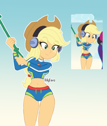 Size: 1487x1752 | Tagged: safe, artist:agfavio, derpibooru import, screencap, applejack, better together, equestria girls, lost and found, clothes, headphones, hips, metal detector, redraw, screencap reference, shovel, solo, swimsuit