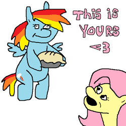 Size: 512x512 | Tagged: safe, artist:pantsuholocaust, derpibooru import, fluttershy, rainbow dash, pegasus, pony, 1000 hours in ms paint, bipedal, food, pie, simple background, transparent background