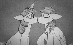 Size: 922x570 | Tagged: safe, artist:aisu-isme, derpibooru import, rainbow dash, twilight sparkle, unicorn twilight, pegasus, pony, unicorn, fanfic:red eye, black and white, eyes closed, female, grayscale, horn, kissing, lesbian, mare, monochrome, shipping, sitting, twidash, wings