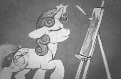 Size: 907x593 | Tagged: safe, artist:aisu-isme, derpibooru import, sweetie belle, pony, unicorn, fanfic:red eye, alternate cutie mark, black and white, canvas, eyes closed, female, filly, foal, grayscale, horn, magic, monochrome, paint, paintbrush, painting, raised hoof, raised leg, smiling, sparkles