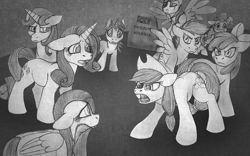 Size: 938x586 | Tagged: safe, artist:aisu-isme, derpibooru import, apple bloom, applejack, fluttershy, pinkie pie, rainbow dash, rarity, scootaloo, sweetie belle, oc, oc:timpani, lich, pony, undead, zombie, zombie pony, fanfic:red eye, angry, applejack's hat, black and white, bow, clothes, cowboy hat, crying, cutie mark crusaders, ears, floppy ears, gravestone, grayscale, hair bow, hat, horn, implied death, implied twilight sparkle, monochrome, rest in peace, sad, spread wings, stitches, text, wings