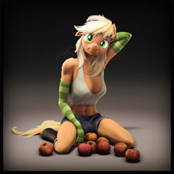 Size: 5400x5400 | Tagged: safe, artist:imafutureguitarhero, derpibooru import, applejack, anthro, earth pony, unguligrade anthro, art pack:pin-up paradise 2022, 3d, :p, abs, absurd resolution, adorasexy, apple, arm behind head, arm fluff, armpits, belly button, belly fluff, boots, border, cheek fluff, chest freckles, chromatic aberration, clothes, colored eyebrows, colored eyelashes, cute, daisy dukes, denim, ear fluff, ears, evening gloves, female, film grain, fingerless elbow gloves, fingerless gloves, floppy ears, fluffy, fluffy hair, fluffy mane, fluffy tail, food, freckles, fur, gloves, gradient background, hatless, head tilt, jackabetes, jeans, kneeling, leather, leather boots, leg fluff, long gloves, looking at you, mare, midriff, missing accessory, nose wrinkle, on floor, one arm up, one ear down, paintover, pants, revamped anthros, revamped ponies, ripped jeans, ripped pants, sexy, shadow, shoes, short jeans, shorts, shoulder fluff, signature, smiling, smiling at you, solo, source filmmaker, square, striped gloves, tail, tanktop, that pony sure does love apples, tongue, tongue out, torn clothes, underwear, wall of tags