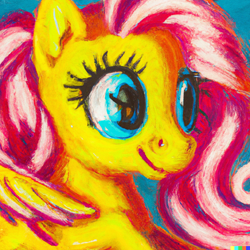 Size: 1024x1024 | Tagged: safe, derpibooru import, machine learning generated, fluttershy, pegasus, pony, artificial intelligence, computer generated, dall-e 2, female, mare, nostril flare, oil painting, solo, traditional art