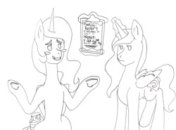 Size: 1700x1259 | Tagged: safe, artist:zhaozoharex, derpibooru import, princess celestia, princess luna, alicorn, pony, blushing, cake, clipboard, duo, female, food, luna is not amused, monochrome, simple background, sketch, unamused, white background