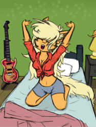 Size: 3000x4000 | Tagged: safe, artist:toxinagraphica, derpibooru import, applejack, anthro, unguligrade anthro, applejack's hat, bed, bedside stand, blanket, breasts, cheek fluff, clothes, colored sketch, cowboy hat, dishevelled, ear fluff, ears, electric guitar, female, flower, fluffy, guitar, hands up, hat, lamp, mare, musical instrument, pillow, shirt, shorts, sketch, solo