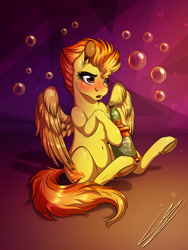 Size: 3000x4000 | Tagged: safe, artist:lupiarts, derpibooru import, spitfire, pegasus, pony, alcohol, applejack daniel's, artwork, belly button, blushing, bubble, cute, digital art, drawing, drunk, female, sitting, solo, tipsy, whiskey