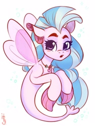 Size: 1200x1600 | Tagged: safe, artist:falafeljake, derpibooru import, silverstream, seapony (g4), blue mane, blushing, bubble, clothes, female, fin wings, fins, fish tail, flowing mane, flowing tail, jewelry, looking at you, necklace, open mouth, purple eyes, see-through, signature, simple background, solo, swimming, tail, underwater, water, white background, wings