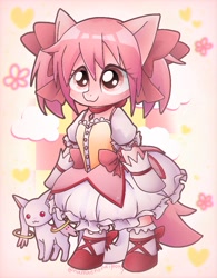 Size: 798x1024 | Tagged: safe, artist:namaenonaipony, derpibooru import, earth pony, incubator (species), pony, semi-anthro, bow, clothes, cloud, cute, dress, duo, eye clipping through hair, female, hair bow, heart, kyubey, madoka kaname, magical girl, mare, ponified, puella magi madoka magica, shoes