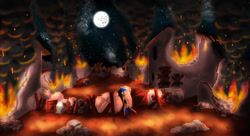 Size: 1023x558 | Tagged: safe, artist:alccarion, derpibooru import, oc, oc only, earth pony, pony, 2012, burning, concept art, fire, game, loading screen, male, moon, night, old art, ponycraft, scared, solo, stallion