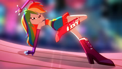 Size: 3416x1920 | Tagged: safe, derpibooru import, edit, edited screencap, editor:itsmgh1203, screencap, rainbow dash, eqg summertime shorts, equestria girls, raise this roof, armpits, belt, blurry, blurry background, boots, breasts, clothes, cutie mark on clothes, dance floor, devil horn (gesture), faic, fall formal outfits, female, fingerless gloves, gloves, high res, looking at you, rainbow dash is best facemaker, shoes, sleeveless, smiling, smiling at you, smirk, smug, smugdash, solo