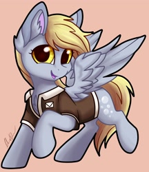 Size: 2948x3414 | Tagged: safe, artist:gleamydreams, derpibooru import, derpy hooves, pegasus, pony, clothes, female, mailmare, mare, smiling, solo, spread wings, vest, wings