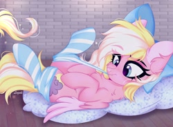 Size: 2048x1504 | Tagged: safe, artist:emberslament, derpibooru import, oc, oc only, oc:bay breeze, pegasus, pony, bow, clothes, female, hair bow, mare, socks, solo, striped socks