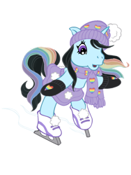 Size: 600x800 | Tagged: safe, artist:vernorexia, derpibooru import, oc, oc:glacierine, pony, unicorn, g3, art trade, bipedal, black hair, clothes, hat, ice skating, mittens, multicolored hair, payment, pom pom, rainbow hair, scarf, shoes, simple background, skating, skirt, solo, transparent background, winter outfit