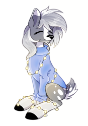 Size: 790x1128 | Tagged: safe, artist:lambydwight, derpibooru import, oc, oc only, oc:silverlining, deer, deer pony, original species, clothes, cute, deer oc, eyes closed, ocbetes, simple background, sitting, solo, string lights, white background