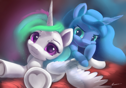 Size: 5400x3800 | Tagged: safe, artist:auroriia, derpibooru import, princess celestia, princess luna, alicorn, pony, absurd resolution, cute, cutelestia, ethereal mane, frog (hoof), heart, heart hoof, hooves, looking at you, lunabetes, royal sisters, s1 luna, siblings, sisters, underhoof