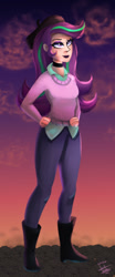 Size: 546x1310 | Tagged: safe, artist:scarlett-letter, derpibooru import, starlight glimmer, human, beatnik, beret, clothes, female, hat, humanized, looking up, redraw, smiling, solo, sweater