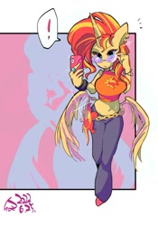 Size: 1400x2000 | Tagged: safe, artist:sozglitch, derpibooru import, sunset shimmer, alicorn, anthro, alicornified, belly button, belly piercing, bellyring, bracelet, breasts, butt wings, ear piercing, earring, exclamation point, glasses, jewelry, midriff, piercing, race swap, selfie, shimmercorn, solo, sunset jiggler, wings