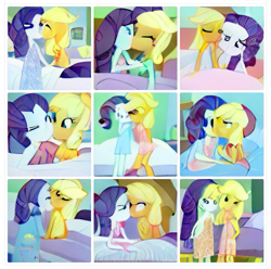 Size: 777x772 | Tagged: safe, derpibooru import, machine learning generated, applejack, rarity, equestria girls, artificial intelligence, bare shoulders, bed, clothes, dall·e mini, female, hat, hatless, holding hands, kissing, lesbian, missing accessory, nightmare fuel, rarijack, shipping, wat