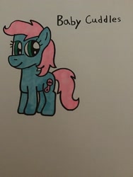 Size: 2448x3264 | Tagged: safe, artist:maddiedraws5678, derpibooru import, baby cuddles, earth pony, pony, g1, g4, baby, baby cuddles being a tomboy, baby pony, blue coat, cuddlebetes, cute, female, filly, foal, full body, g1 to g4, generation leap, hooves, pink hair, pink mane, pink tail, simple background, smiling, solo, standing, tail, teal eyes, tomboy, traditional art, white background