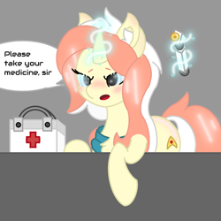 Size: 1080x1080 | Tagged: safe, artist:sodapop sprays, derpibooru import, oc, oc only, oc:sugarspoon, pony, unicorn, blue eyes, blushing, clothes, combadge, concerned, digital art, doctor, ear blush, ear fluff, ears, emh, eye, eyes, female, food, hypospray, magic, magic aura, mane, mare, medkit, nose blush, orange, scarf, solo, speech bubble, spread wings, star trek, tail, talking to viewer, telekinesis, white, wings, worried