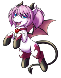 Size: 781x1000 | Tagged: safe, derpibooru import, oc, pegasus, pony, succubus, adoptable, bat wings, blue eyes, clothes, elf ears, fangs, heart, pink hair, socks, solo, spaded tail, tail, wings