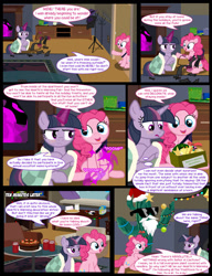 Size: 1042x1358 | Tagged: safe, artist:dendoctor, derpibooru import, mean twilight sparkle, pinkie pie, twilight sparkle, twilight sparkle (alicorn), alicorn, earth pony, pony, comic:clone.., g4, alternate universe, bell, bits, black forest cake, cactus, cake, christmas, christmas lights, clone, colored pencils, comic, cookie, decoration, female, food, glass, glowing, glowing horn, hat, hearth's warming eve, holiday, horn, jar, magic, mare, milk, paper, pencil, pinkie being pinkie, pinkie clone, quill, santa beard, santa hat, sunglasses, swear jar, telekinesis, wreath