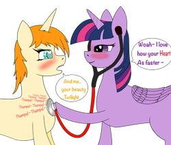 Size: 2000x1700 | Tagged: artist needed, source needed, safe, derpibooru import, twilight sparkle, twilight sparkle (alicorn), oc, alicorn, pony, unicorn, cardiophilia, duo, engrish, fetish, heartbeat, stethoscope